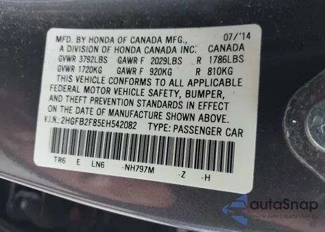 2014 Honda Civic Ex из США, поврежденный, VIN 2HGFB2F85EH542082